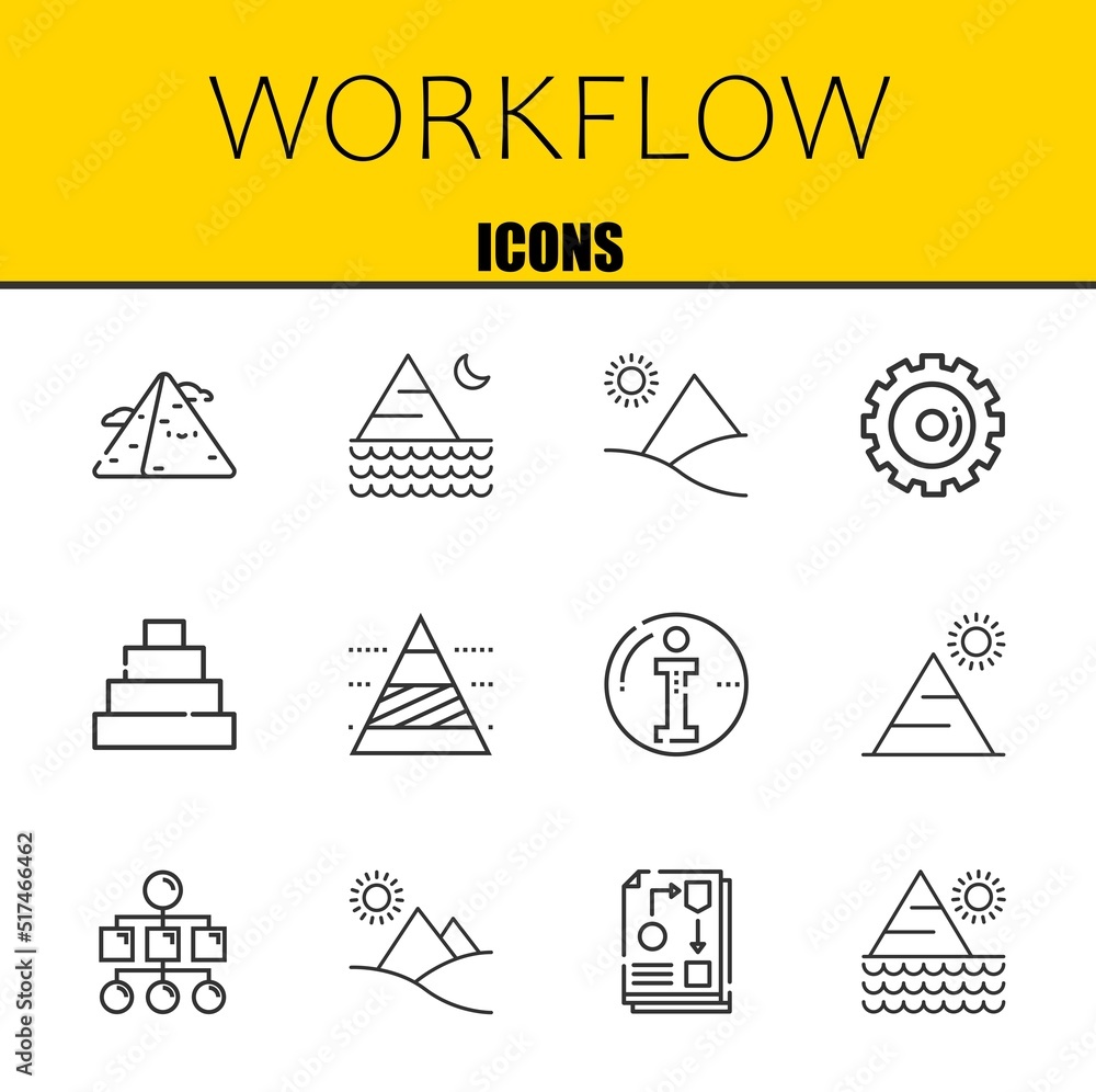 Poster workflow vector line icons set. pyramid, pyramid and pyramid icons. thin line design. modern outline