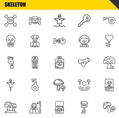 skeleton vector line icons set. skull, mushroom and foot Icons. Thin line design. Modern outline graphic elements, simple stroke symbols stock illustration