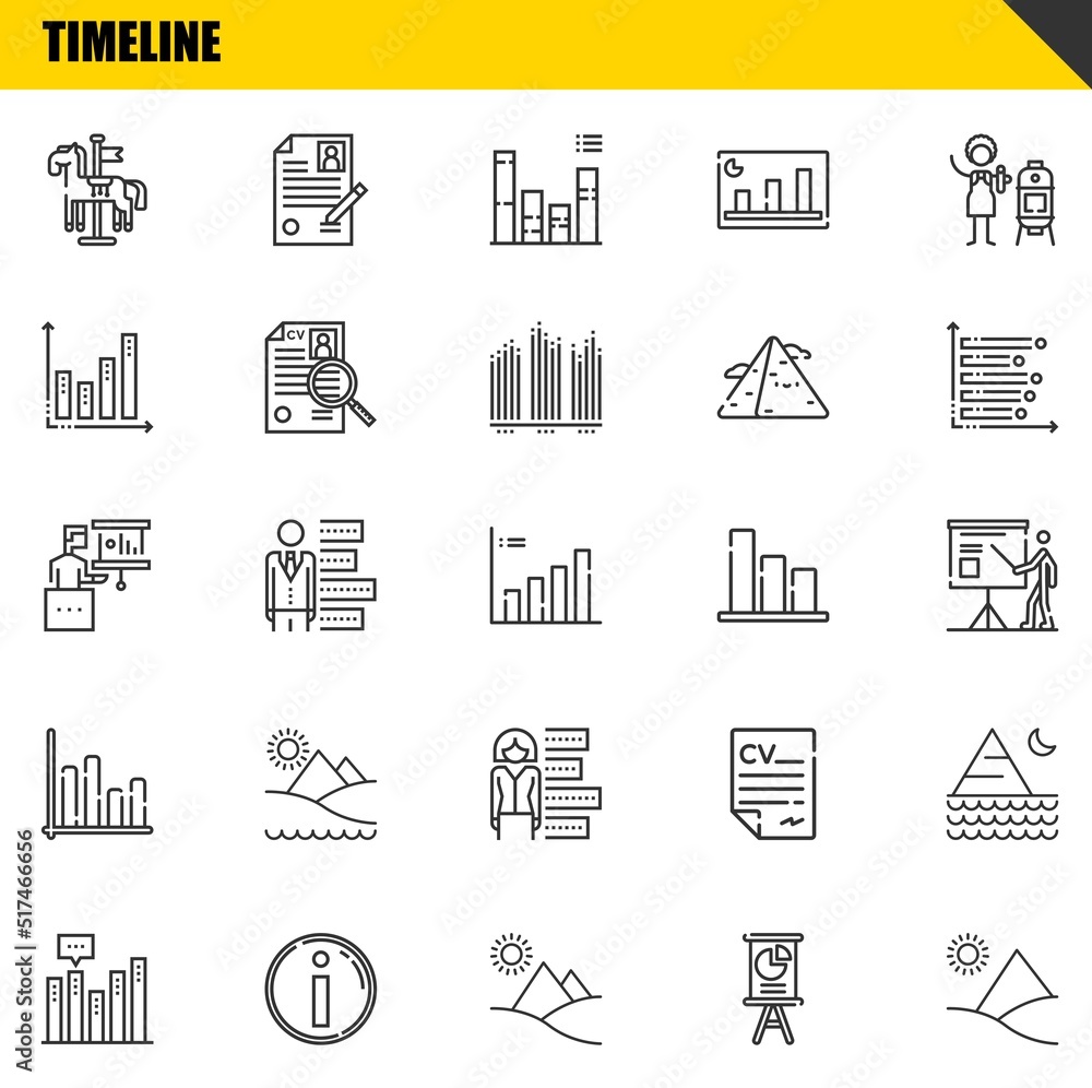 Poster timeline vector line icons set. carousel, bar chart and presentation icons. thin line design. modern