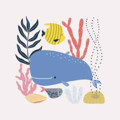 Fashionable print with a sea dolphin isolated on a white background. Summer illustration in cartoon style.