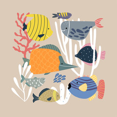 Fashionable print with fish and corals isolated on the background.  Hand-drawn illustration.