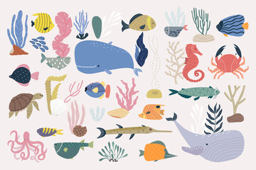 Naklejka premium Underwater world is a set of elements isolated on a white background. Hand-drawn illustration.