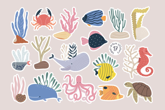 A set of stickers with marine animals.  Beautiful children's clipart in cartoon style.