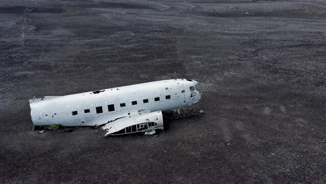 Aerial of an Abandoned Crashed Plane Wreckage on Solheimasandur Beach, Iceland
