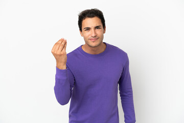 Caucasian handsome man over isolated white background making Italian gesture