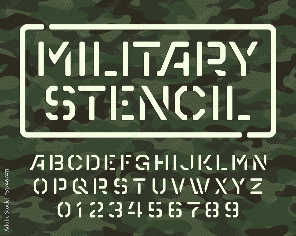 Poster military stencil alphabet font. stencil letters and numbers on a camo background. vector typescript 