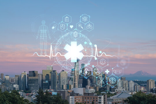 Seattle skyline panorama from Kerry Park. Skyscrapers of financial downtown at sunset, Washington, USA. Health care digital medicine hologram. The concept of treatment and disease prevention