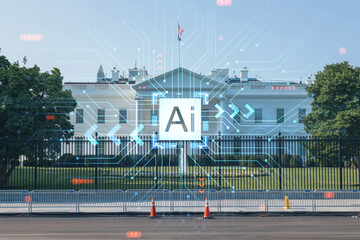 The White House at day, Washington DC, USA. Executive branch. President administration. Artificial Intelligence concept, hologram. AI, machine learning, neural network, robotics - obrazy, fototapety, plakaty