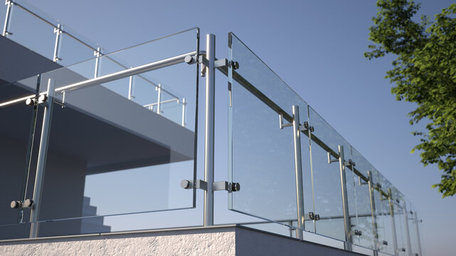 Modern stainless steel railing with glass panel, 3D illustration