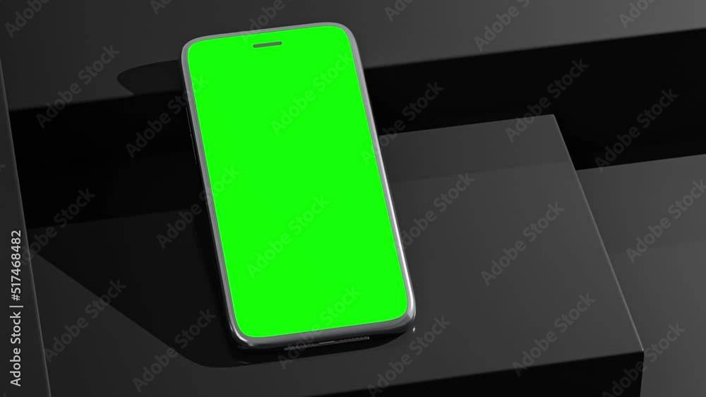 Poster metallic phone mock-up animation placed on top of stacked black square shapes background. green scre