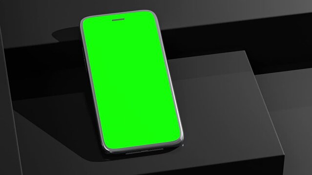 Metallic phone Mock-Up animation placed on top of stacked black square shapes background.  Green screen and Minimal idea concept, 3D Render.