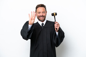 Middle age judge man isolated on white background happy and counting four with fingers