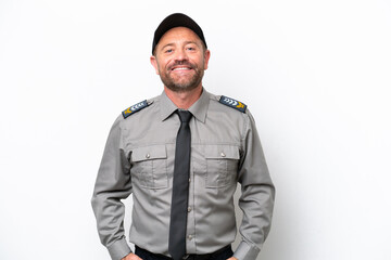 Middle age security man isolated on white background laughing