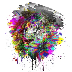 Zelfklevend Fotobehang Lion head with colorful creative abstract element on white background © reznik_val