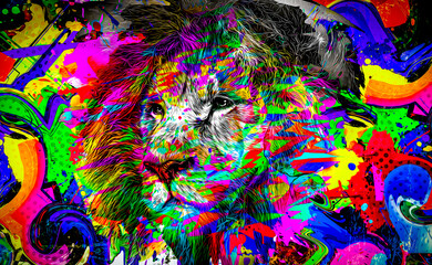 Lion head with colorful creative abstract element on white background