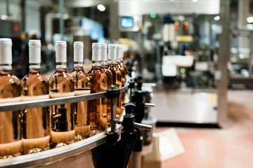Fototapeten Industrial wine bottling plant theme. Modern industry production line for alcohol drink bottling and packaging. © Dusko