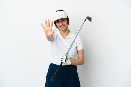 Handsome young golfer player woman isolated on white background counting five with fingers