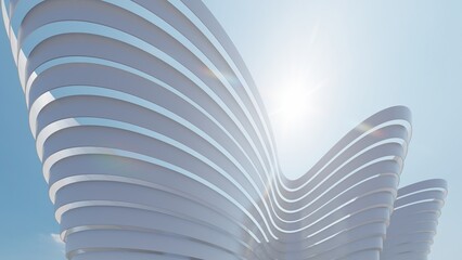 3d render futuristic architecture background metallic stripes of building facade