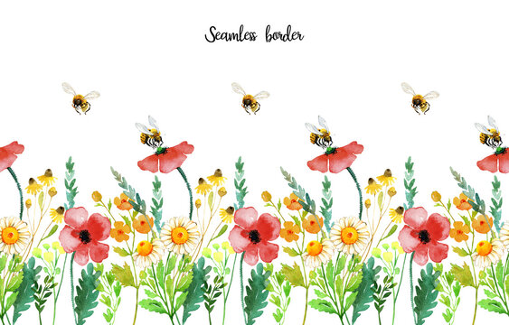 Watercolor wildflowers and bee seamless border. Rustic floral colorful blooming illustration isolated on white. Summer meadow, botanical bohemian wedding invitation, greeting, card, print
