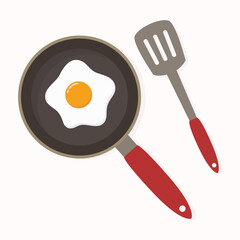 Fried eggs on frying pan with spatula vector illustration. Isolated on white background