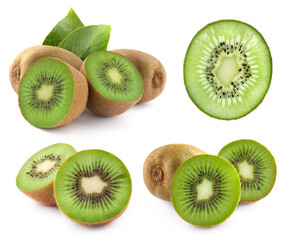 Fototapeta premium Kiwi collection with leaves isolated on white background. Kiwi set Clipping Path. Kiwi macro studio photo