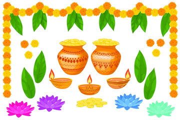 Set of Indian holiday design elements. Vector illustration isolated on white background. Happy Diwali light festival.
