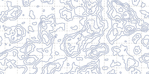 Topography blue map seamless pattern with grid on white background. Abstract topographic curves. Outline topology land or underwater relief texture. Vector illustration.