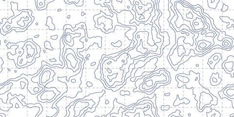 Topography blue map seamless pattern with grid on white background. Abstract topographic curves. Outline topology land or underwater relief texture. Vector illustration.
