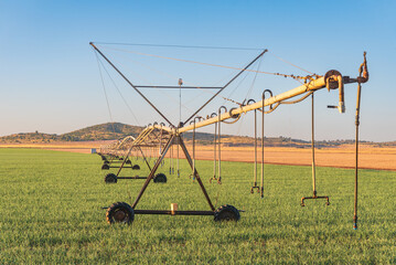 Central pivot irrigation system, irrigation pipes with sprinklers on wheels that rotate on a...