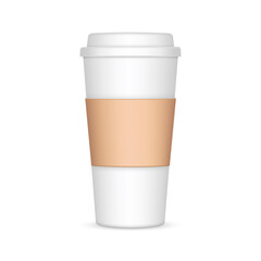 Tall Coffee Cup Mockup With Sleeve, Front View, Isolated on White Background. Vector Illustration