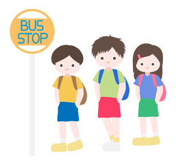 Cartoon cute little children set, waiting bus and standing with their hands in pocket. Child back to school series. Isolated on white background, vector, illustration, EPS10