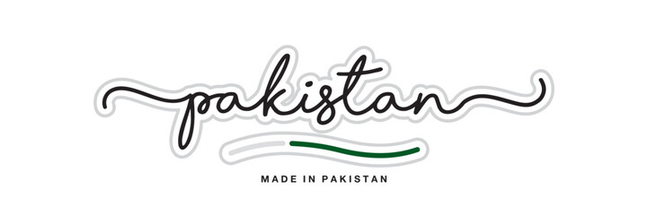 Made in Pakistan, new modern handwritten typography calligraphic logo sticker, abstract Pakistan flag ribbon banner