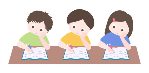 Cartoon cute little children set, focus on reading book and writing notes in classroom. Child back to school series. Isolated on white background, vector, illustration, EPS10