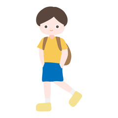 Cartoon cute little boy walking with his hands in his pocket. Child back to school series. Isolated on white background, vector, illustration, EPS10