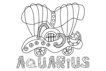 Steampunk-style airship in the form of a Aquarius. Illustration with lettering of the zodiac sign Aquarius in steampunk style, drawn in a linear doodle style. For a calendar or coloring book.
