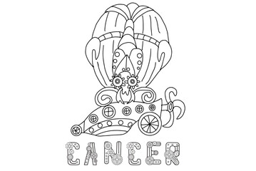 Steampunk-style airship in the form of a cancer. Illustration with lettering of the zodiac sign cancer in steampunk style, drawn in a linear doodle style. For a calendar or coloring book.