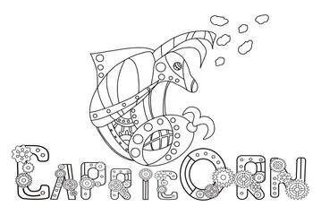 Steampunk-style airship in the form of a capricorn. Illustration with lettering of the zodiac sign Capricorn in steampunk style, drawn in a linear doodle style. For a calendar or coloring book.