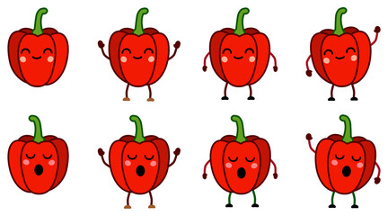 Cute kawaii style red bell pepper vegetable icon, eyes closed. Version with hands raised, down and waving.