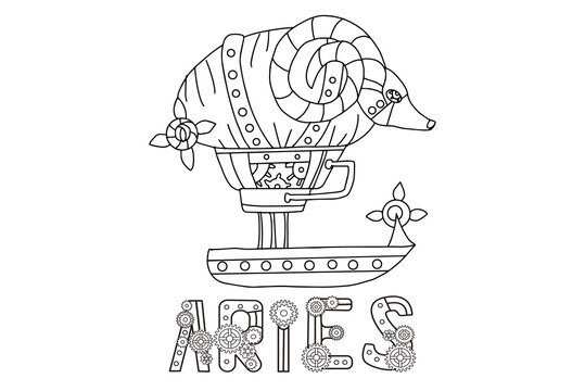 Steampunk-style airship in the form of a aries . Illustration with lettering of the zodiac sign aries in steampunk style, drawn in a linear doodle style. For a calendar or coloring book.