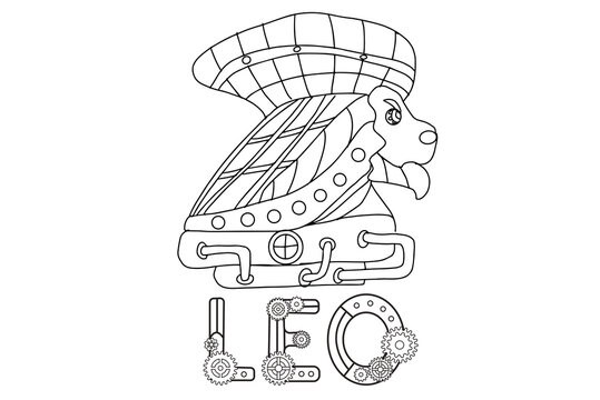 Steampunk-style airship in the form of a leo. Illustration with lettering of the zodiac sign leo in steampunk style, drawn in a linear doodle style. For a calendar or coloring book.