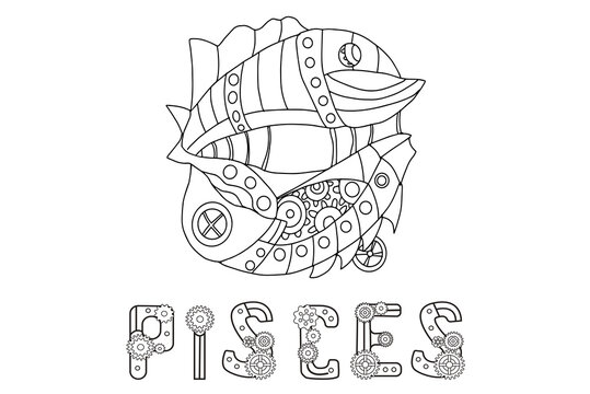Steampunk-style airship in the form of a pisces . Illustration with lettering of the zodiac sign pisces in steampunk style, drawn in a linear doodle style. For a calendar or coloring book.