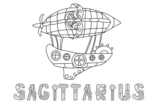 Steampunk-style airship in the form of a sagittarius. Illustration with lettering of the zodiac sign sagittarius in steampunk style, drawn in a linear doodle style. For a calendar or coloring book.