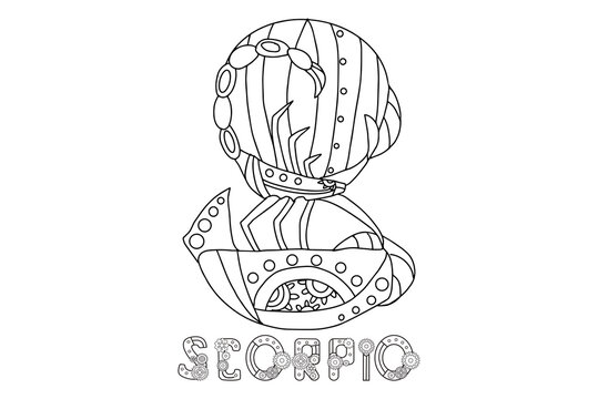 Steampunk-style airship in the form of a scorpio. Illustration with lettering of the zodiac sign scorpio  in steampunk style, drawn in a linear doodle style. For a calendar or coloring book.