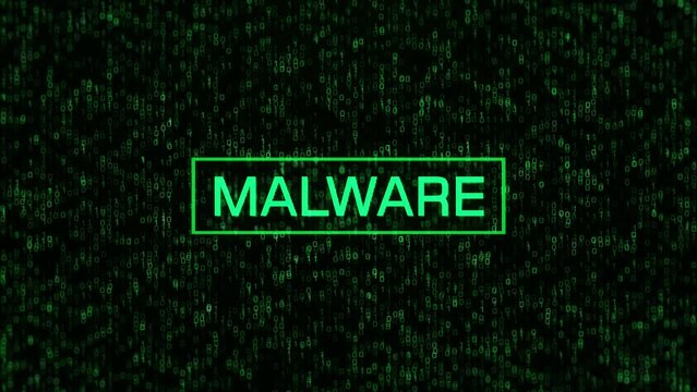 MALWARE Warning Over Computer Binary Background. MALWARE Text with Binary Code and Matrix Background