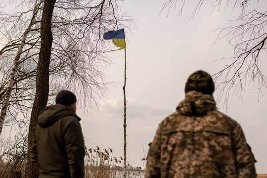 Photo on theme of large Ukrainian flag made from birch trunk