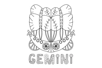 Steampunk-style airship in the form of a gemini. Illustration with lettering of the zodiac sign gemini in steampunk style, drawn in a linear doodle style. For a calendar or coloring book.