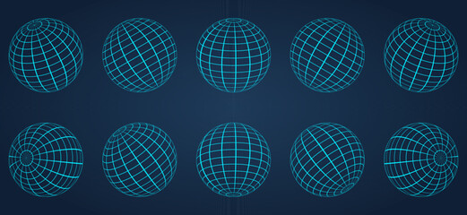 3D Blue Globe Grid Sphere Set on Dark Background. Geometric Round Grid Mesh Ball. Wireframe Globe Surface. Wire Global Earth Latitude and Longitude. Wired Line 3D Planet Globe. Vector Illustration