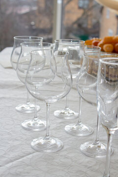 many stemware glass,on the table in the restaurant are many glass wine glasses wine