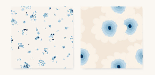 Hand drawn bright blue simple abstract floral print. Minimalist trendy pattern set. Fashionable template for design.