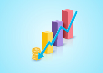 3D bar graph arrow down and coin dollar concept business target goals concept, success, investing marketing. Pastel background. Minimal cartoon icon.